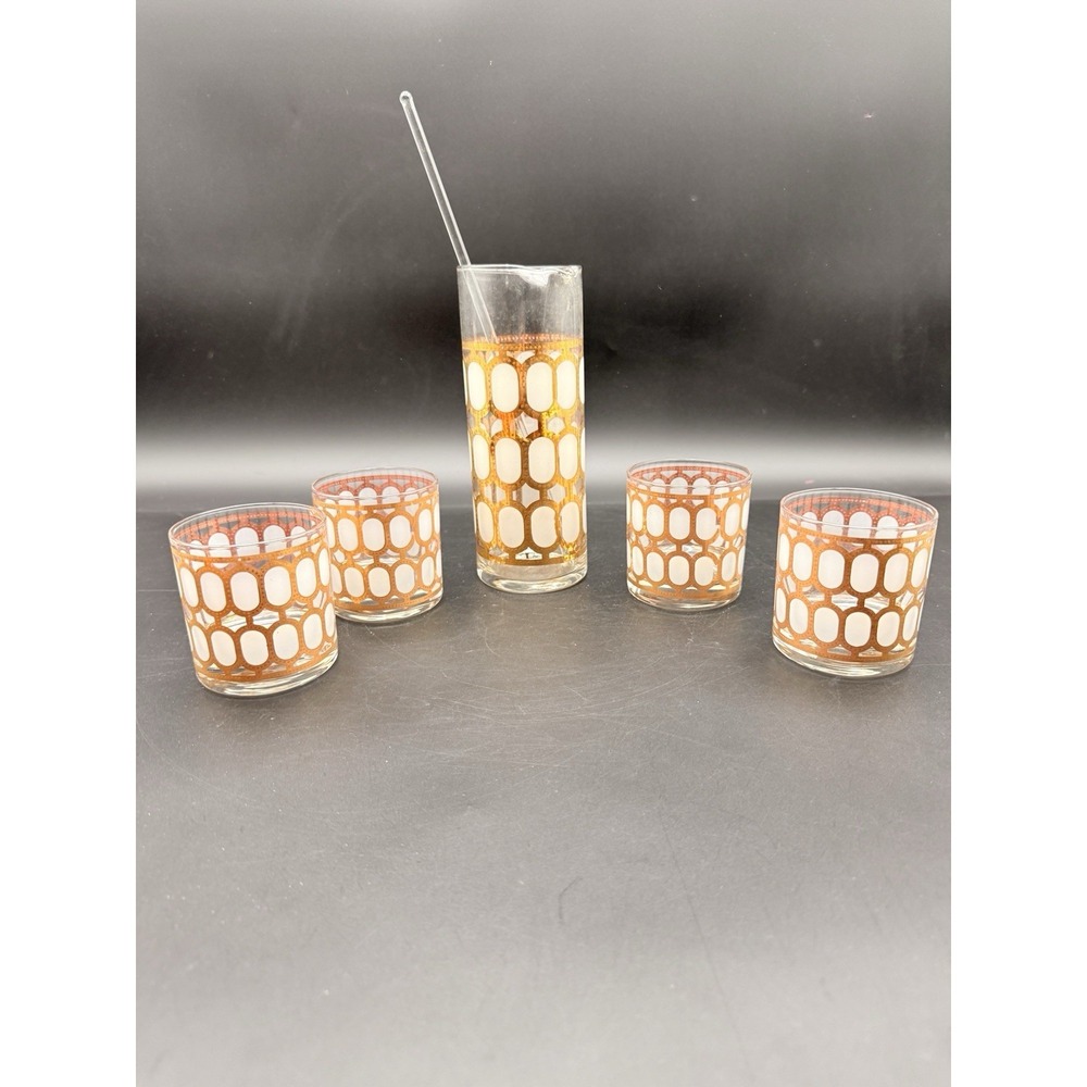 Vintage Cera Golden Graille Barware Set Pitcher 4 Glasses Stir Rod MCM Gold